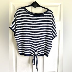 Express xs/s navy & white striped tie waist loose fitting short sleeve sweater
